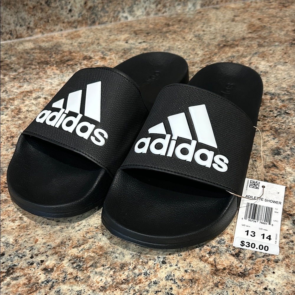 NWT Men’s 13 adidas Adilette Black Slides with White Logo Slip-Ons